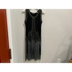 Vintage Style 1920s Flapper Dress Black Silver Beaded Sequin Fringe Gatsby L